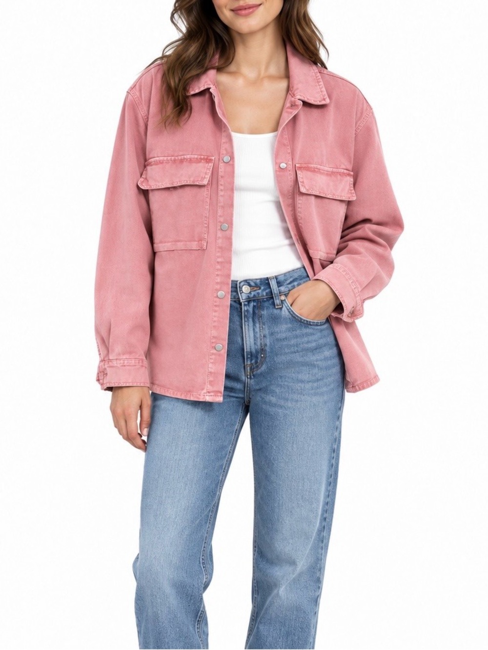 ZARA Pink Denim Overshirt Shacket Relaxed Fit Size L